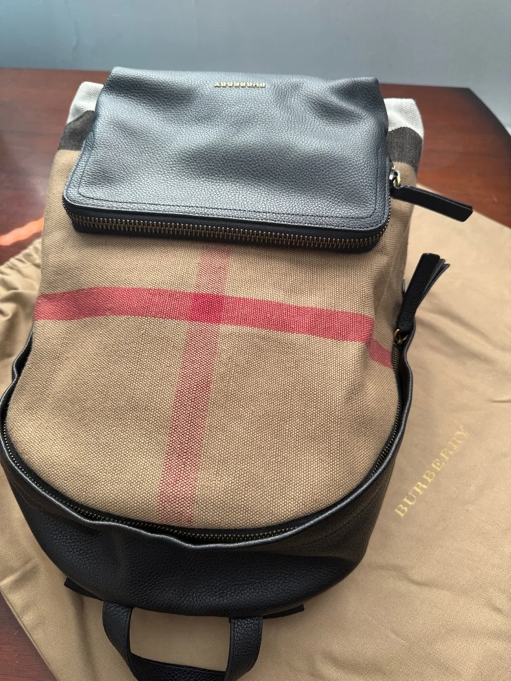 Burberry Tan Canvas Backpack with Black Leather and Red Stripe - Picture 4 of 6
